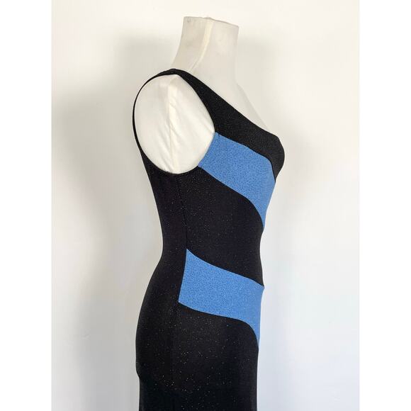 Vintage Water Signs Blue Black One Shoulder Sparkly Formal Maxi Dress Gown M - Picture 6 of 16